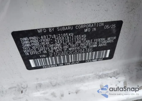 2025 Subaru Impreza Base 5-Door z USA, uszkodzony, nr VIN JF1GUABC8S8284746